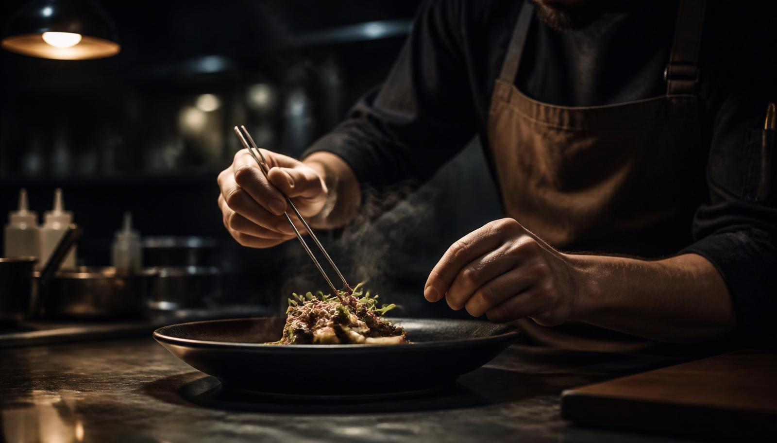Chef plating a fine-dining dish with precision — precision, presentation, pace