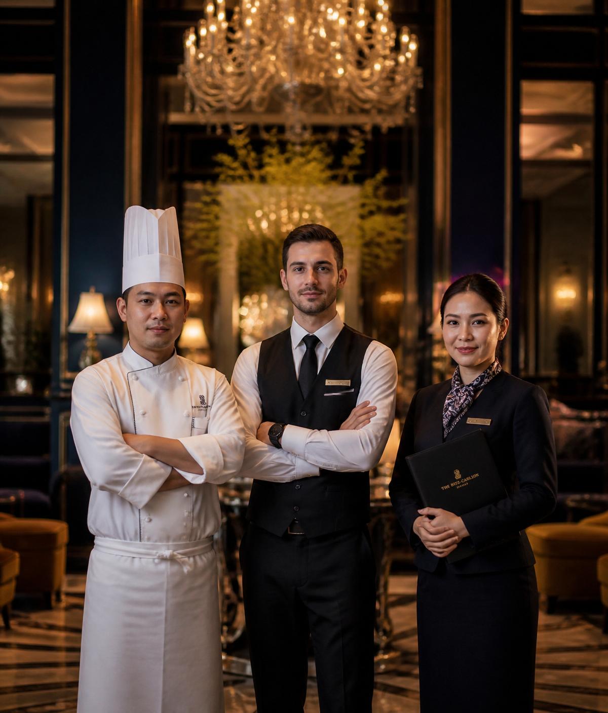 Verified hospitality team — chef, waiter, and front-office professional in a luxury hotel lobby